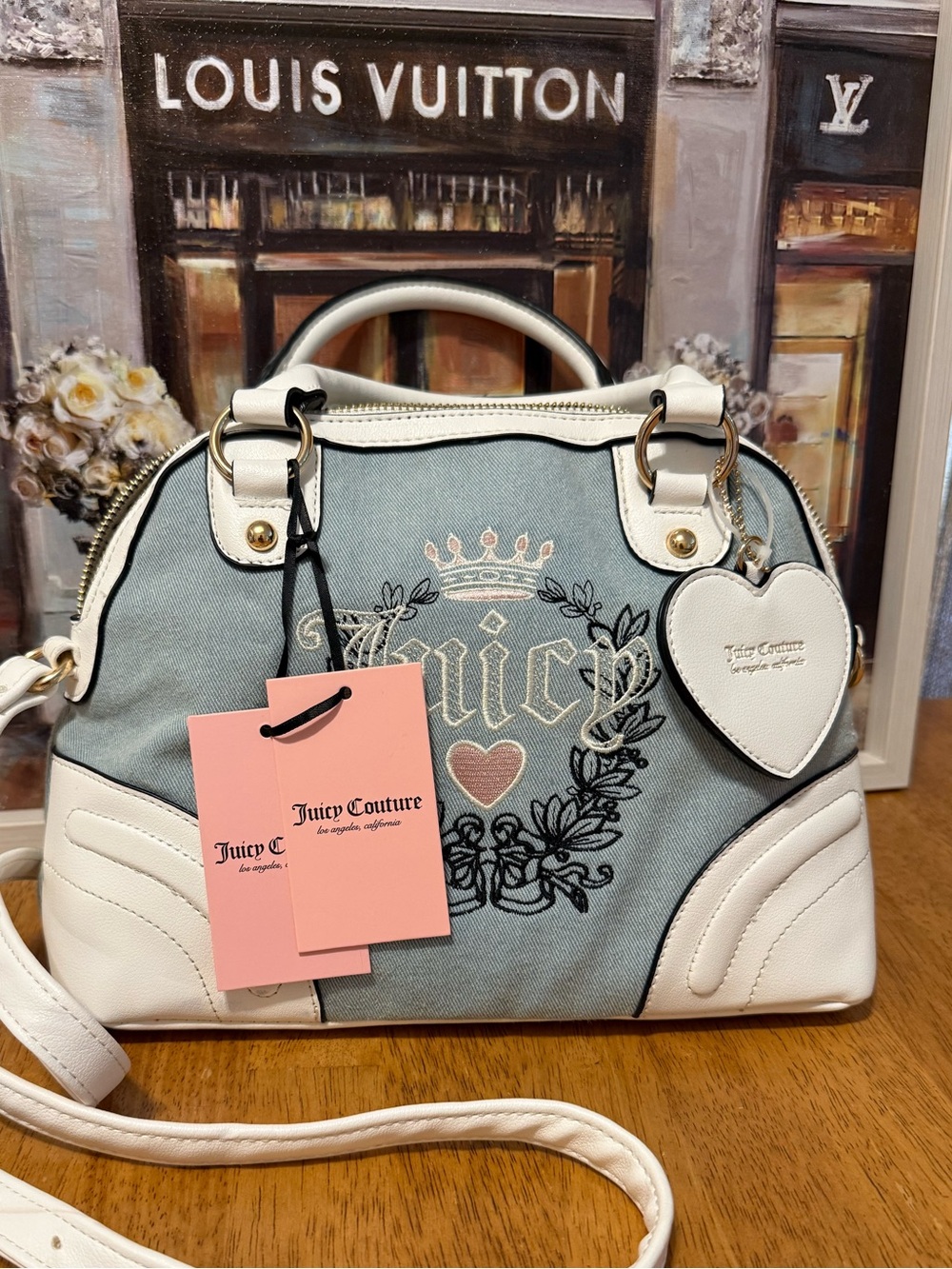 NWT Juicy Couture White & Light Blue Denim Heart Logo Satchel